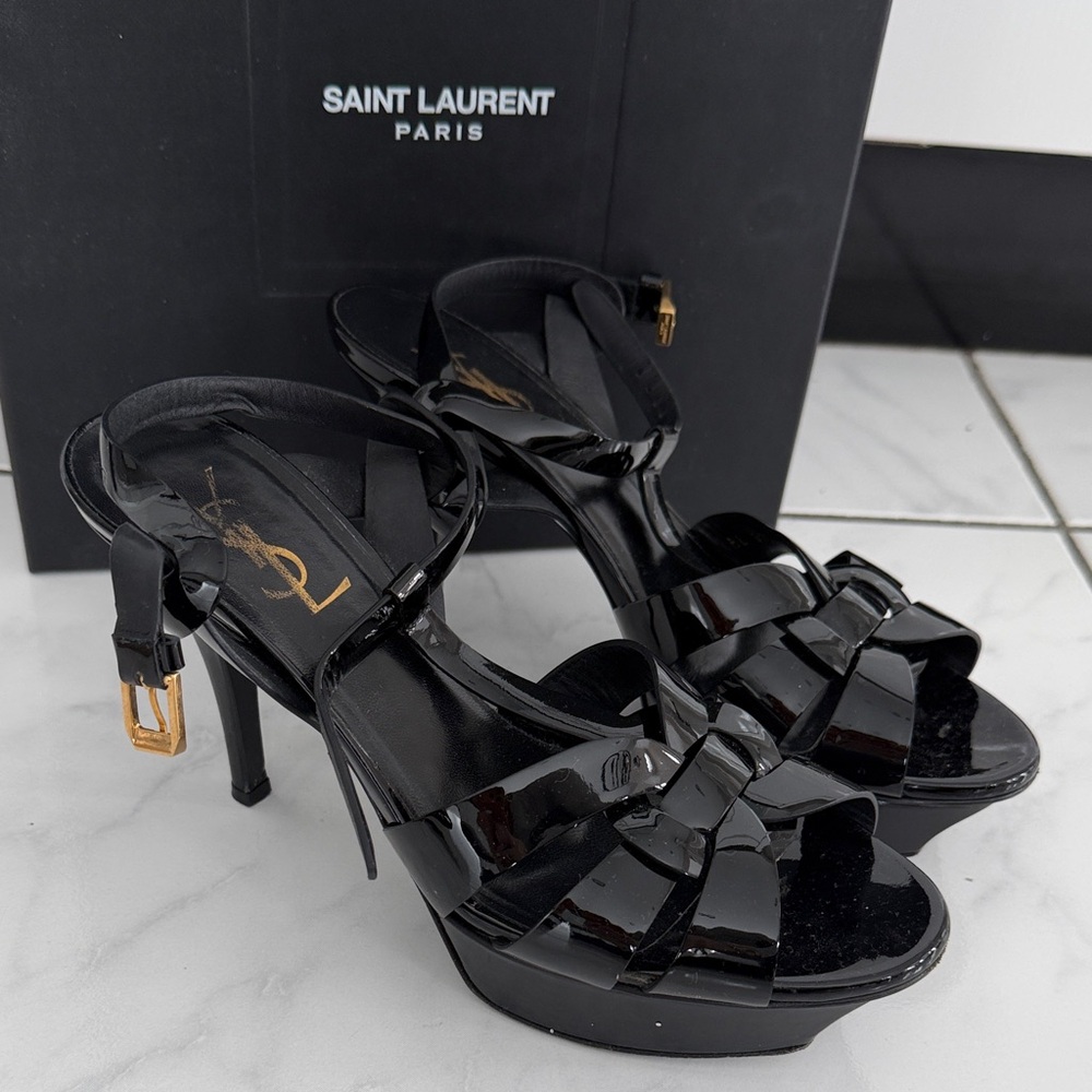 Saint Laurent Glossy Black Heels with Gold Buckle